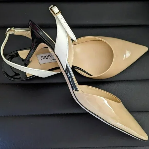 Jimmy Choo Women Patent Leather Pointed Colorblock Slingbacks Beige/Blk - Picture 3 of 10